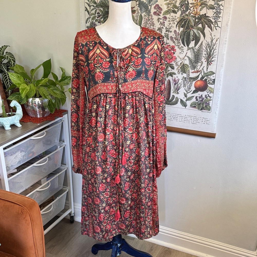 Karma Highway Boho Long-Sleeve Midi Dress in Red and Black